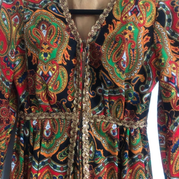 Vintage 60s 70s Psychedelic Paisley Palazzo Jumpsuit Gold Rick Rack Trim S-XS - Picture 2 of 12